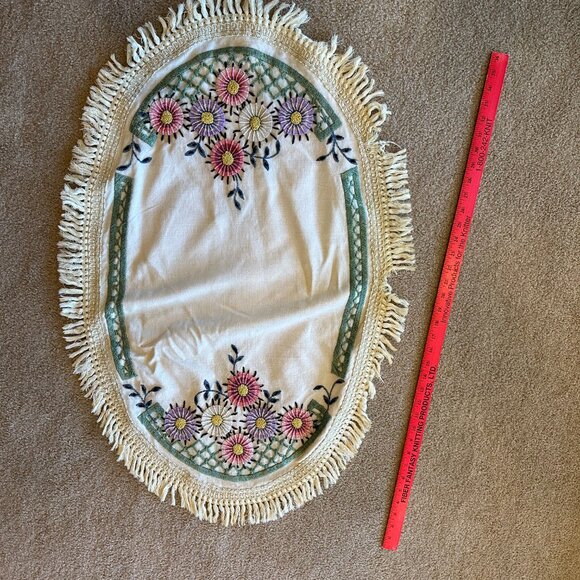 Vintage Handmade Oval Floral Embroidered Table Runner